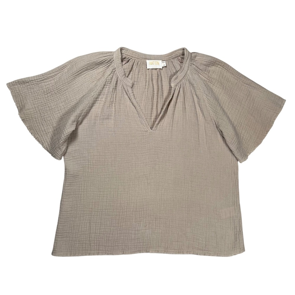 Nation LTD Sable Gauze Flutter Sleeve Top Women Size S Taupe Split V-Neck   Boho
